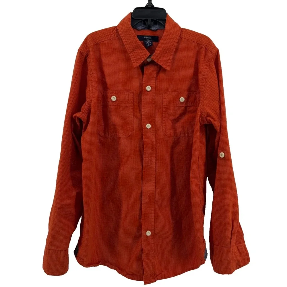 Gap Kids Cotton Button Front Shirt Boys Size M 8 9 Orange Check Roll Tab Sleeve